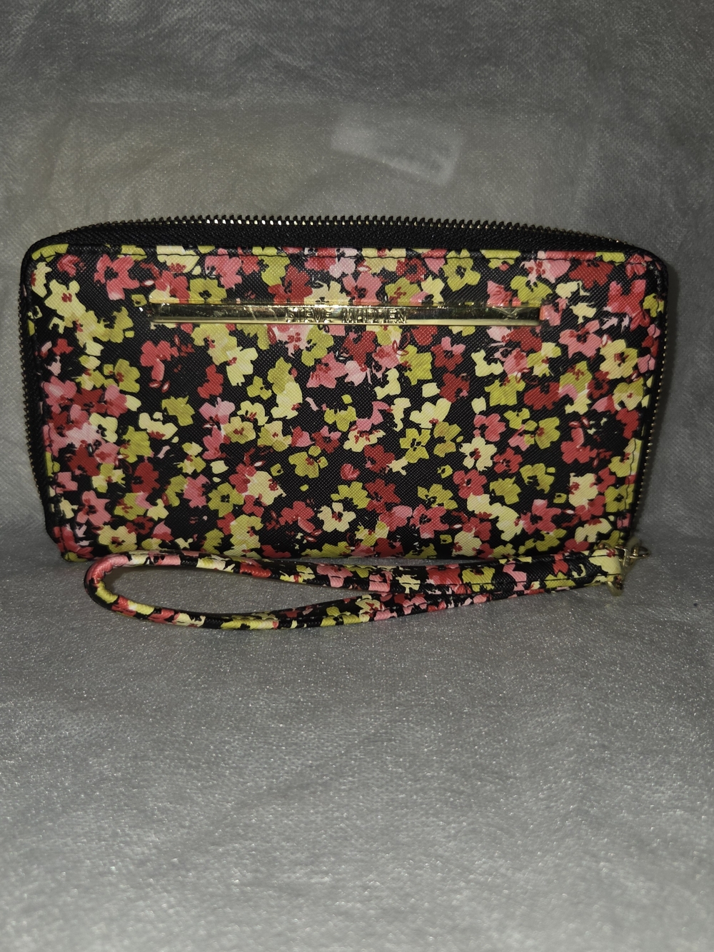 Steve Madden Floral Zip Wristlet Clutch - Black with Pink & Yellow Flowers